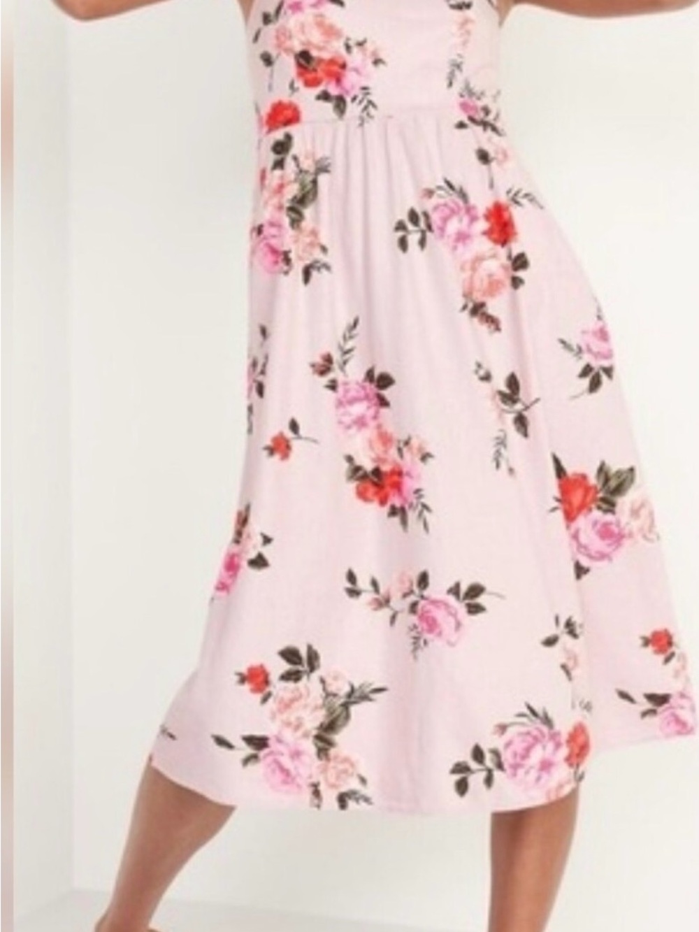 Old Navy Linen Pink Floral Midi Dress with Rose Accents